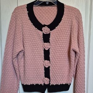 SHEIN Pearl Accent Rose Crochet Applique Knit Pattern Cardigan